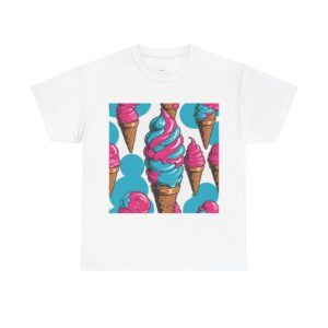 Bold retro 60s illustration of an ice cream cone, large single scoop, neon pink and cyan colour pop, thick vintage outlines, waffle cone, playful and bold, dark background, clothing print ready, clean...