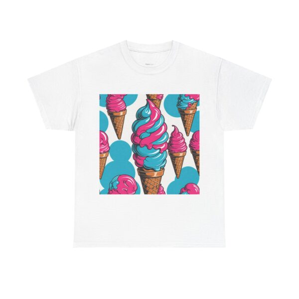 Bold retro 60s illustration of an ice cream cone, large single scoop, neon pink and cyan colour pop, thick vintage outlines, waffle cone, playful and bold, dark background, clothing print ready, clean…