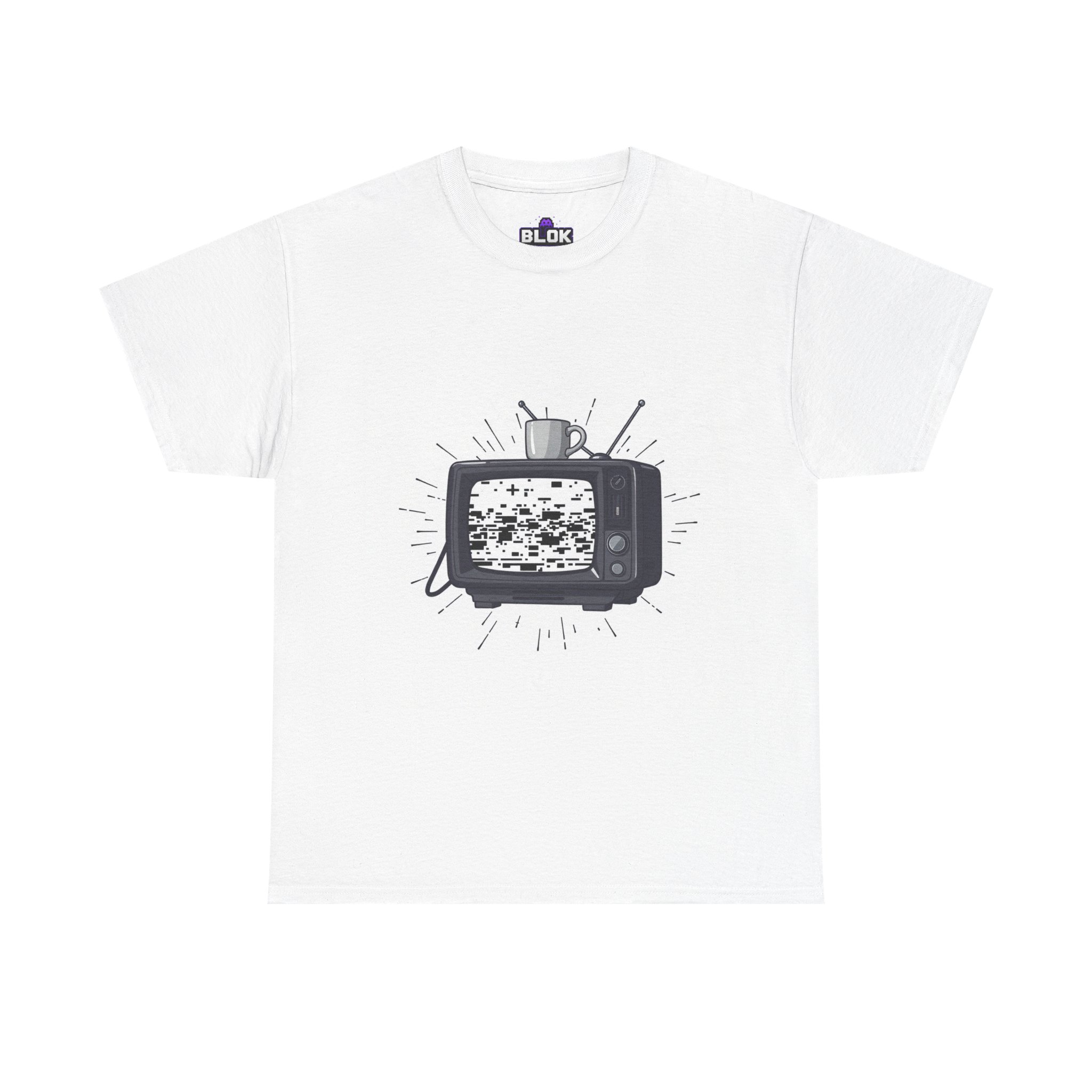 blok.Design Pixel Static CRT graphic tee featuring chunky pixel-art television with a loose aerial, a mug of tea balanced on top, and a cyan static screen, printed on black heavyweight cotton unisex tee