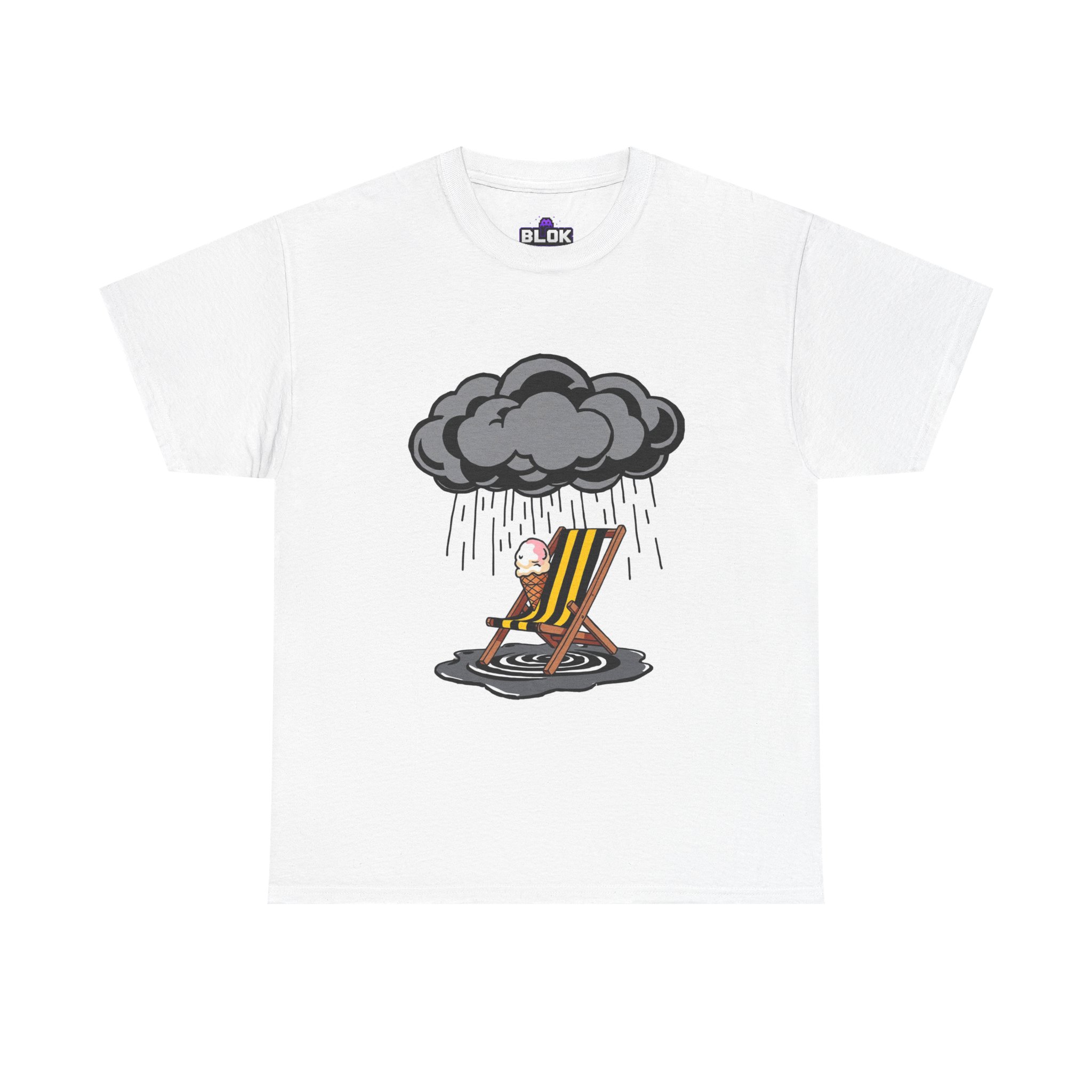 British summer graphic tee featuring pixel art of a deck chair, a melting 99 Flake ice cream, and a rain cloud on a heavyweight cotton unisex t-shirt by blok.Design