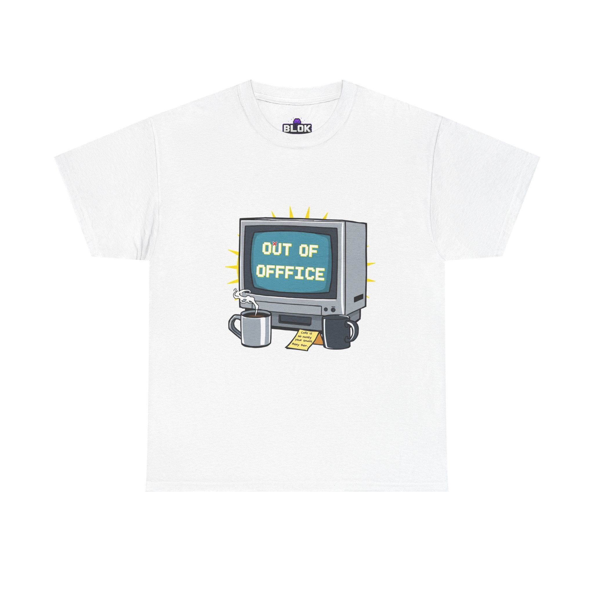 Out of office pixel graphic tee from blok.Design's Culture collection, featuring retro pixel art typography on a premium heavyweight cotton t-shirt — design CHA