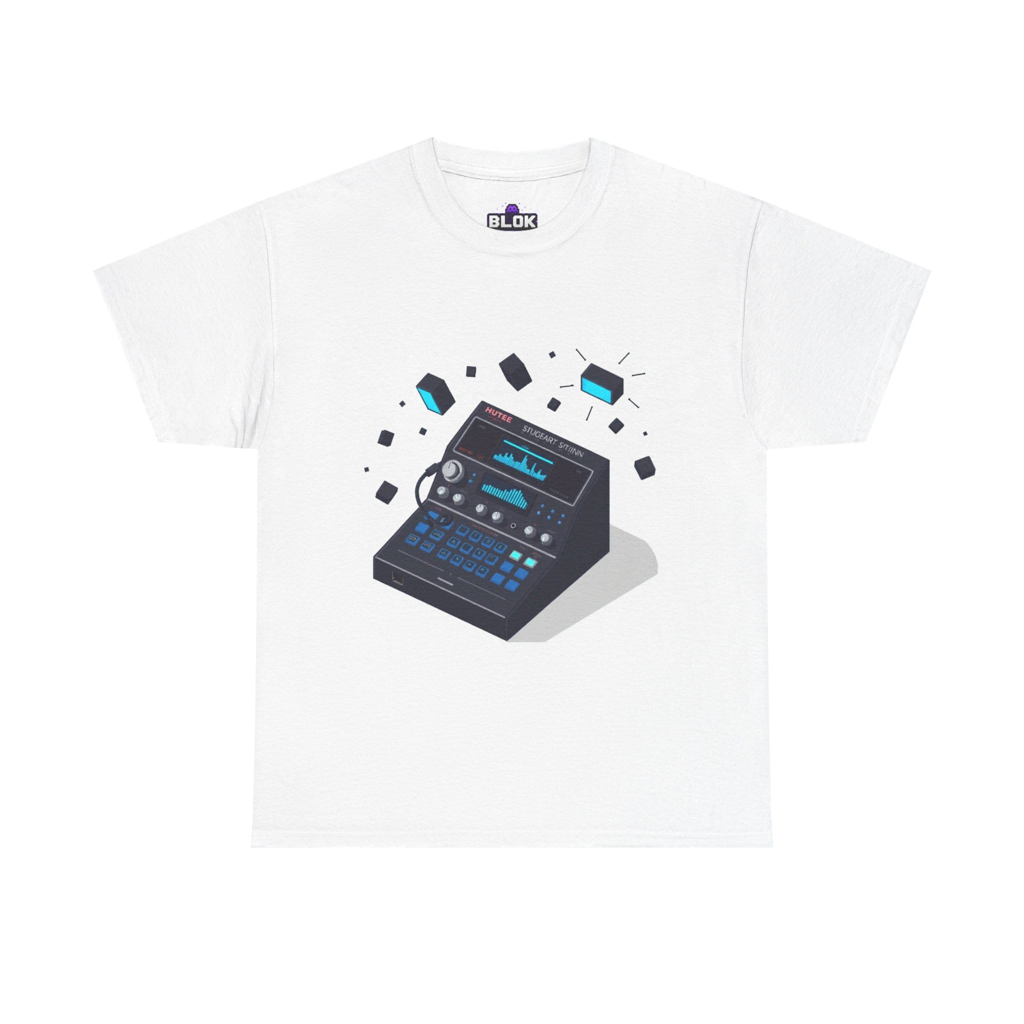 Pixel drum machine graphic tee from blok.Design featuring detailed pixel art of chunky drum pads, glowing waveform screens, tangled cables and electric sparks i