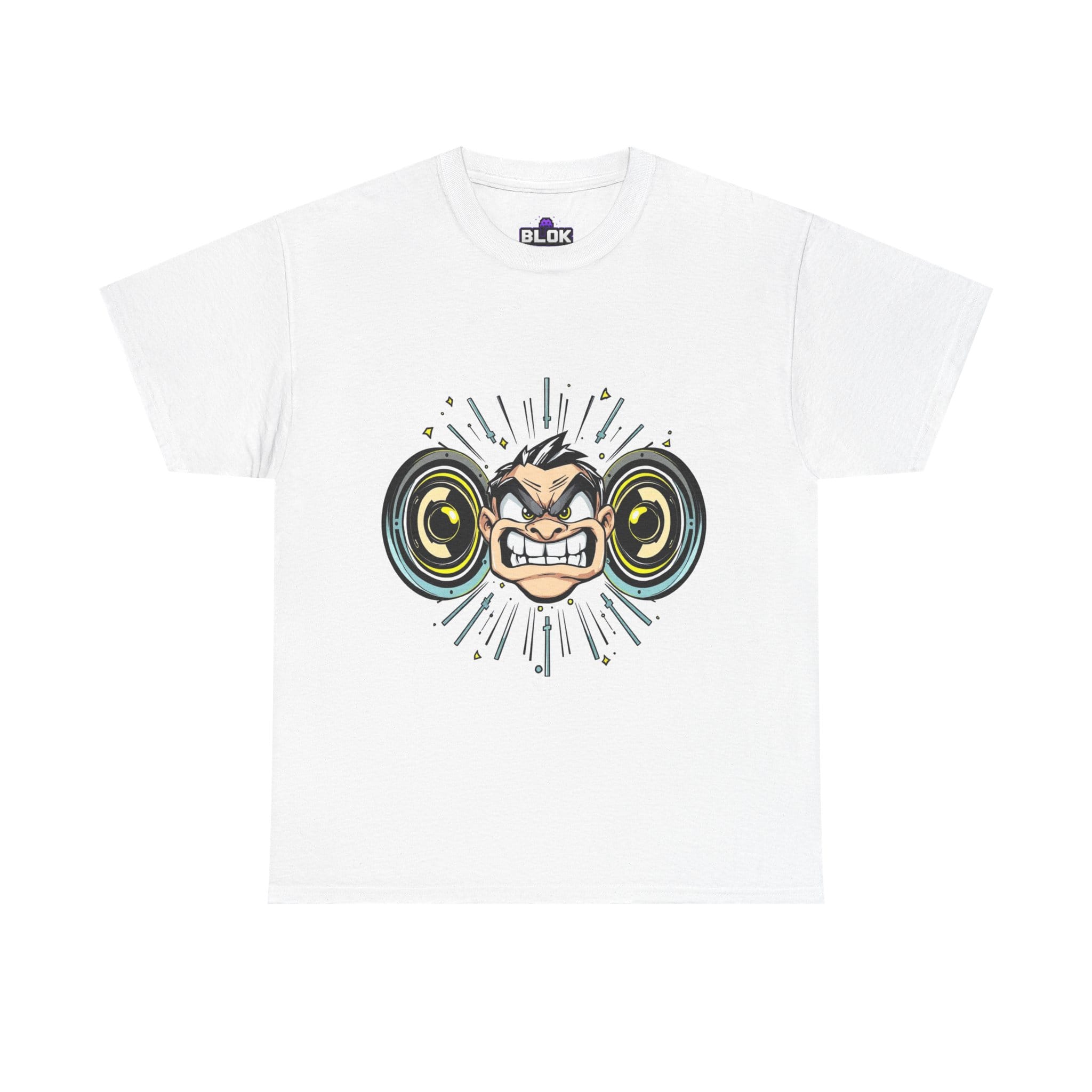 Bass Face Pixel Art Tee by blok.Design — white heavyweight cotton t-shirt featuring a pixel art character mid-bass-drop with wide eyes, scrunched expression, sp