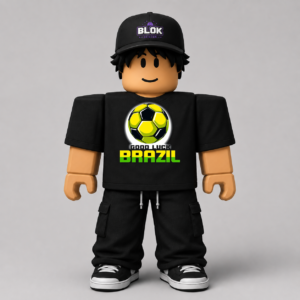 Good Luck Brazil Football Tee Roblox avatar pack by blok.Design — CHAD-089 graphic tee design shown on a Roblox avatar with bold Brazil football-themed artwork