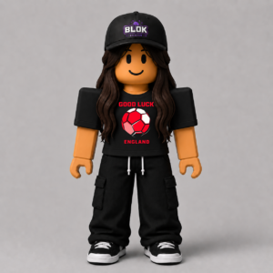 Good Luck England Pixel Football Roblox Avatar pack by blok.Design — pixel art England football graphic tee design shown as a Roblox avatar texture, Design ID C