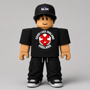 Good Luck England Football Tee Roblox avatar pack by blok.Design — CHAD-091 graphic showing bold England football support design on a classic tee, styled for bo