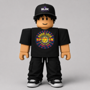 Good Luck Spain World Cup 2026 Roblox avatar pack showing bold graphic tee design CHAD-092 with Spain football typography on a Roblox avatar preview