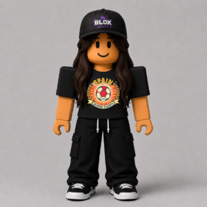 Good Luck Spain World Cup 2026 Roblox avatar pack showing a bold Spain-themed graphic tee design CHAD-093 by blok.Design, with red and gold football-inspired ar
