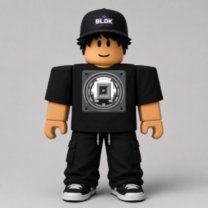 Minecraft Speaker Tee Roblox Avatar Pack by blok.Design — pixel speaker graphic printed on a white t-shirt, shown alongside Roblox avatar preview wearing the sa