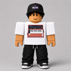 Minimoog Pixel Art Synth Tee Roblox avatar pack showing pixel art graphic of a Minimoog Model D synthesiser on a t-shirt, design CHAD-095 by blok.Design