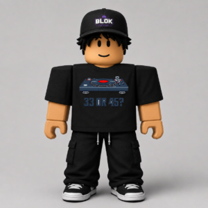 Technics 1210 Pixel Art Roblox Avatar pack showing the 33 Or 45? turntable graphic tee design by blok.Design, with avatar preview and texture file included