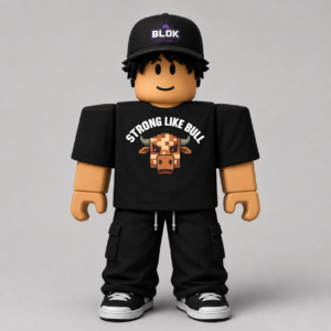 Strong Like Bull Minecraft Pixel Roblox Avatar Pack by blok.Design — bold pixel art graphic tee design shown on a Roblox avatar, featuring chunky retro-style le