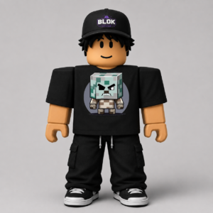Minecraft Brainrot Sigma Tee Roblox avatar pack by blok.Design — bold Minecraft Sigma graphic printed on a white unisex tee, design ID CHAD-101, shown alongside