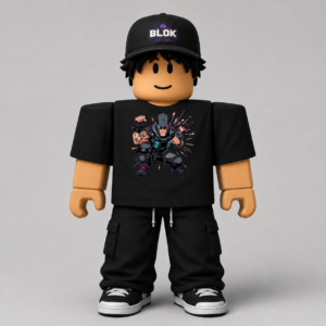 Cyberpunk Anime Action Tee Roblox Avatar Pack by blok.Design — bold anime-inspired graphic with neon cyberpunk artwork on a unisex cotton tee, Design ID CHAD-10