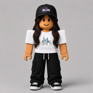 City Never Sleeps Pixel Skyline Roblox Avatar Pack by blok.Design — pixel-art urban skyline graphic tee texture shown on a Roblox avatar with bold blocky roofli