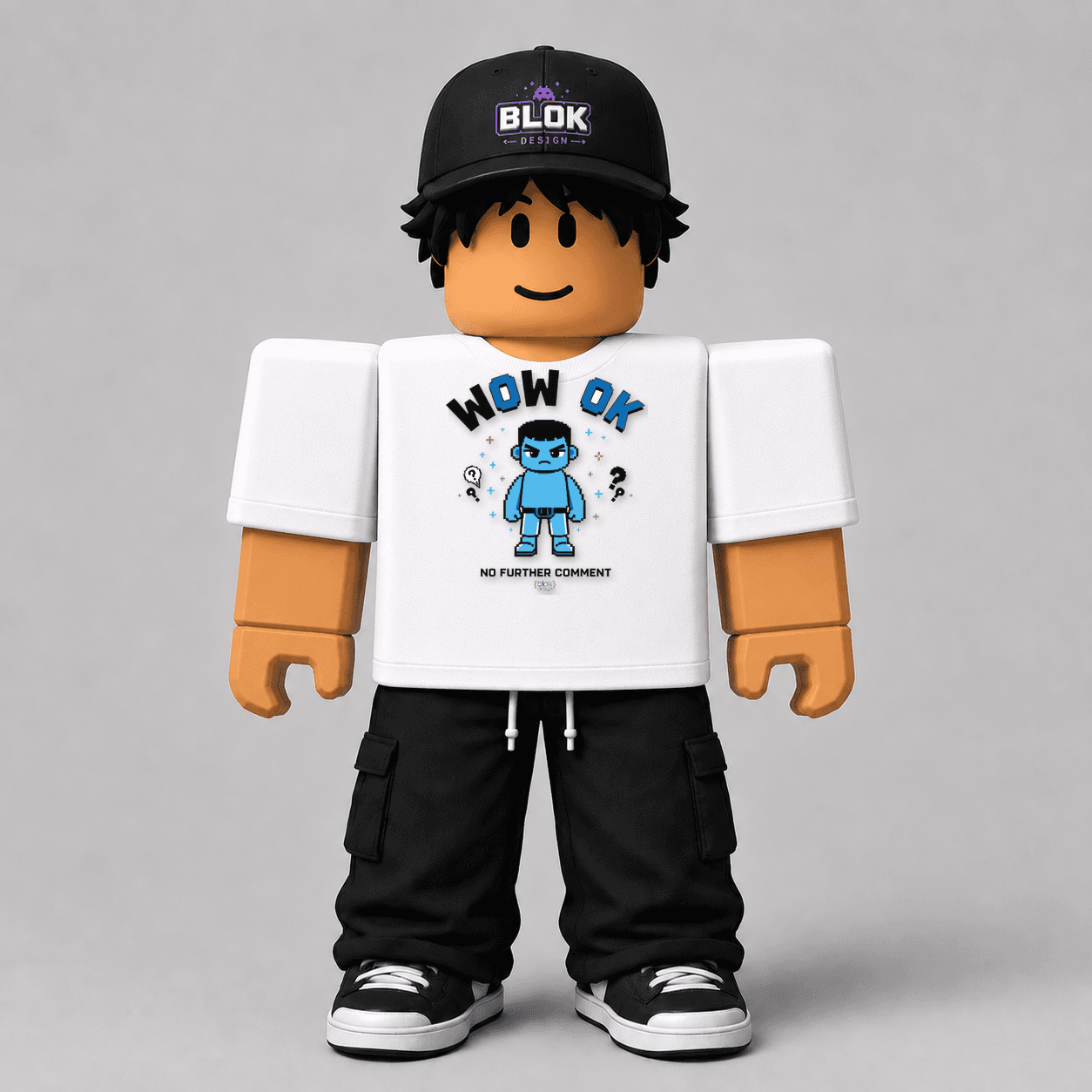 WOW OK No Further Comment Tee Roblox avatar pack by blok.Design — bold typographic graphic tee texture shown on a Roblox avatar with front and back preview
