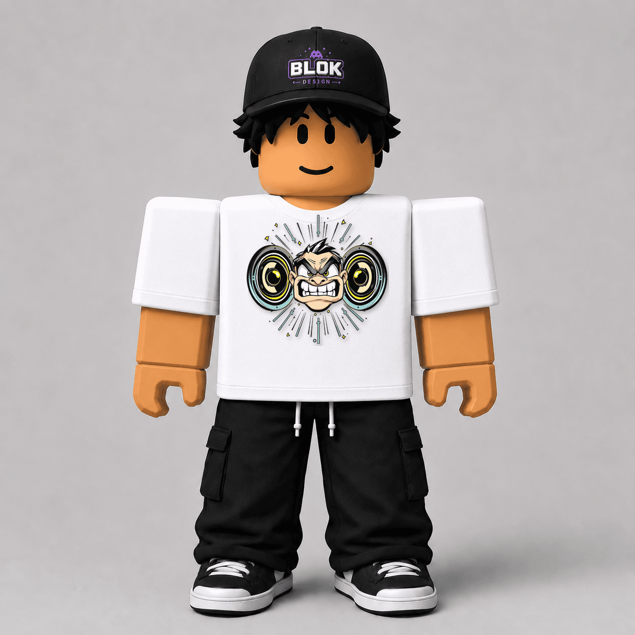Bass Face Pixel Art Tee Roblox avatar pack showing a pixel art bass music graphic on a Roblox character tee, Design ID CHAD-125 by blok.Design