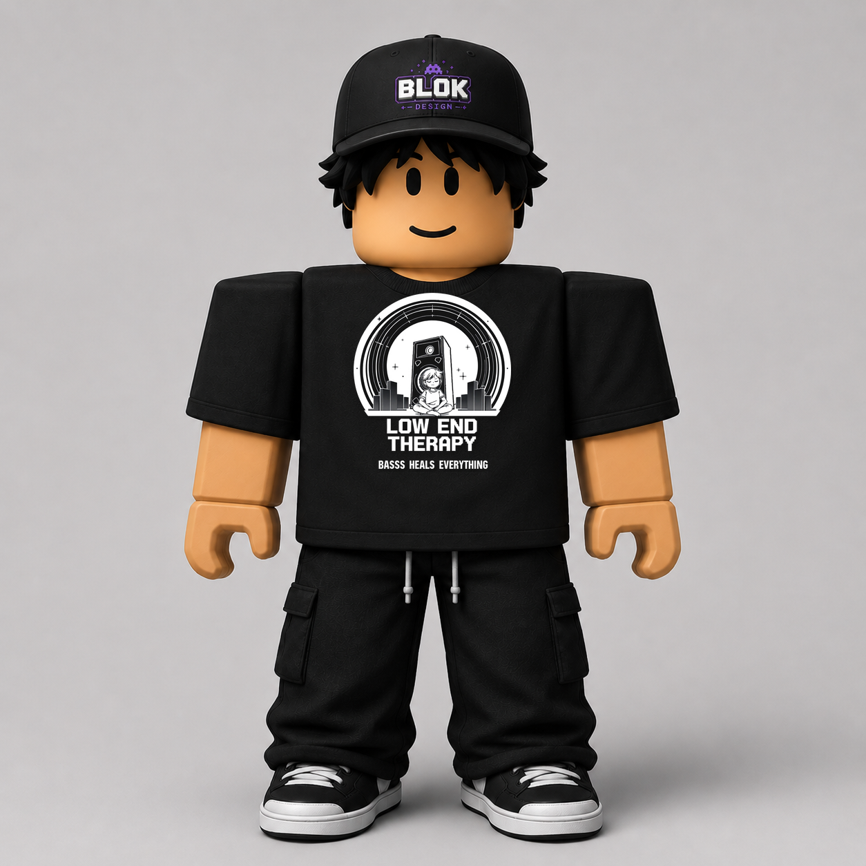 Low End Therapy Bass Tee Roblox avatar pack showing bold bass music graphic design on a Roblox character, blok.Design CHAD-128