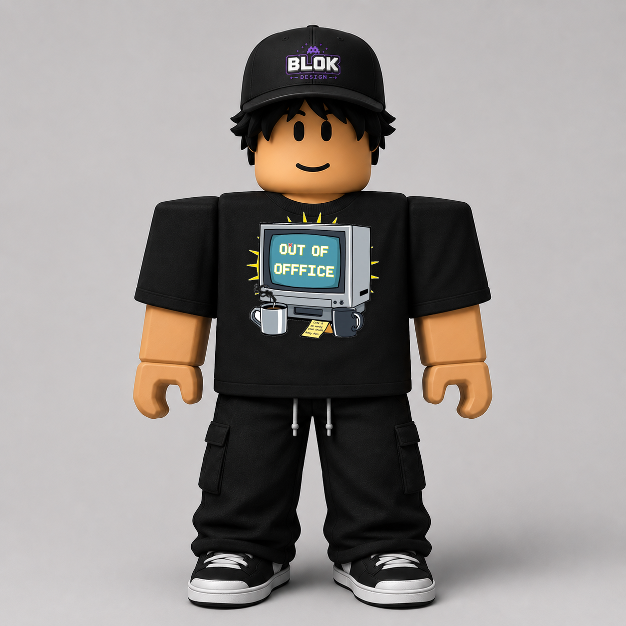 Out Of Office Pixel Tee Roblox Avatar Pack by blok.Design — pixel art graphic tee texture shown on a Roblox avatar, featuring bold pixel lettering and streetwea