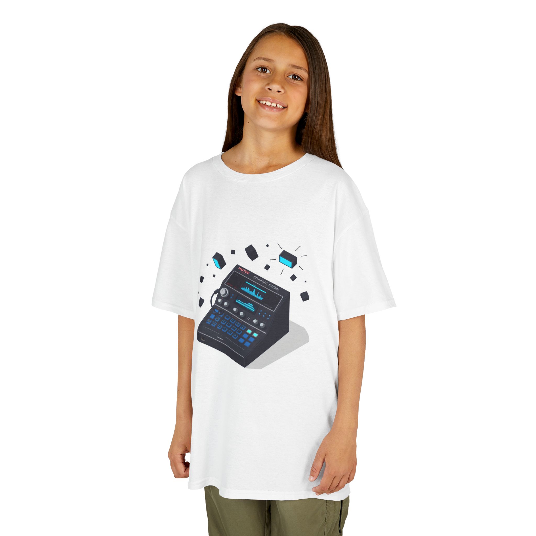 Kids white heavyweight cotton tee featuring a bold pixel art drum machine design with chunky pads, glowing waveform screens, tangled cables, and electric sparks