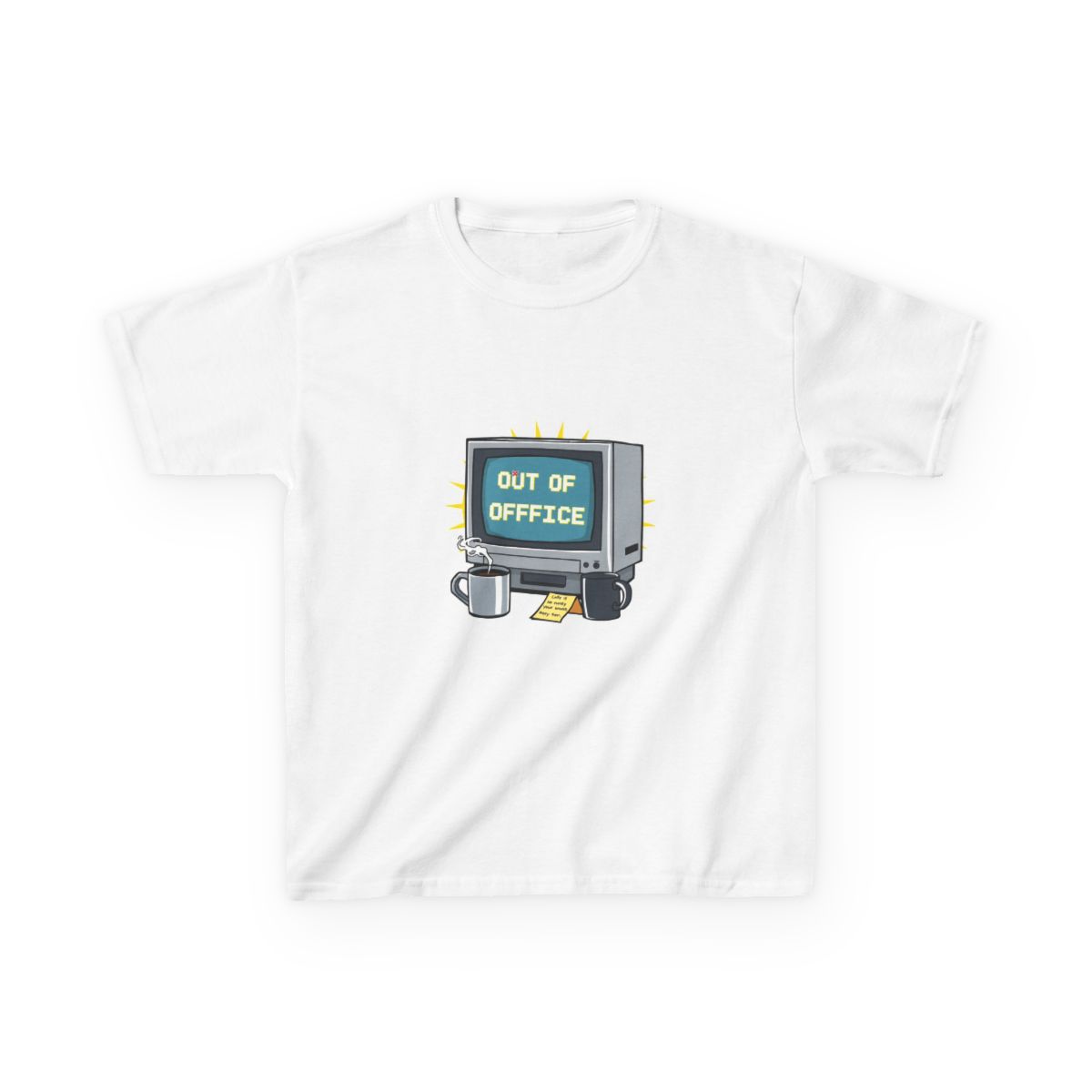 Out of office pixel kids tee featuring a chunky 8-bit computer monitor with neon yellow glow on black heavyweight cotton, part of the blok.Design Culture Collec