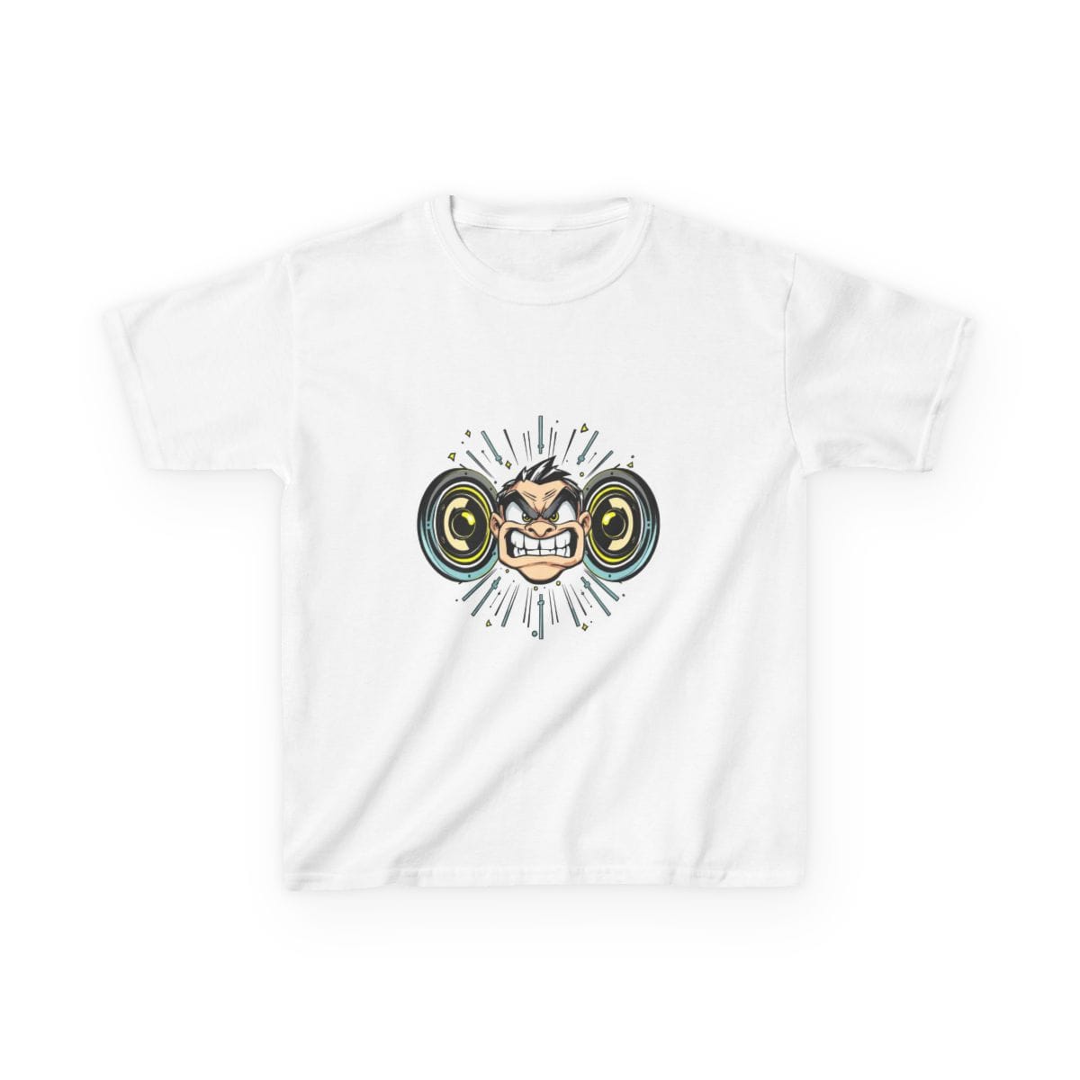 Kids heavyweight cotton tee featuring a pixel art character with a bass face expression, surrounded by speaker cones and neon green sub-bass waves — Bass Face P