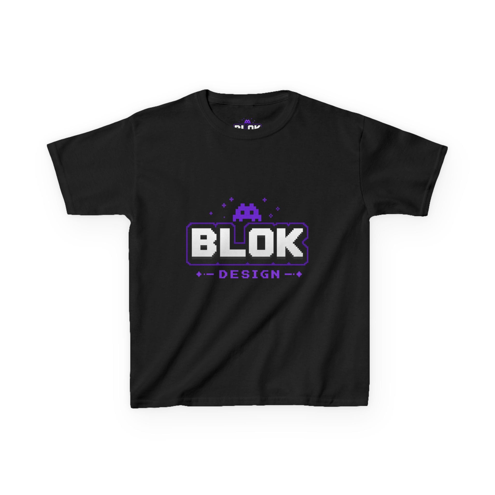 BLOK.DESIGN official logo kids tee in white, featuring a bold DTG printed brand logo on the chest, relaxed unisex fit, heavyweight cotton construction