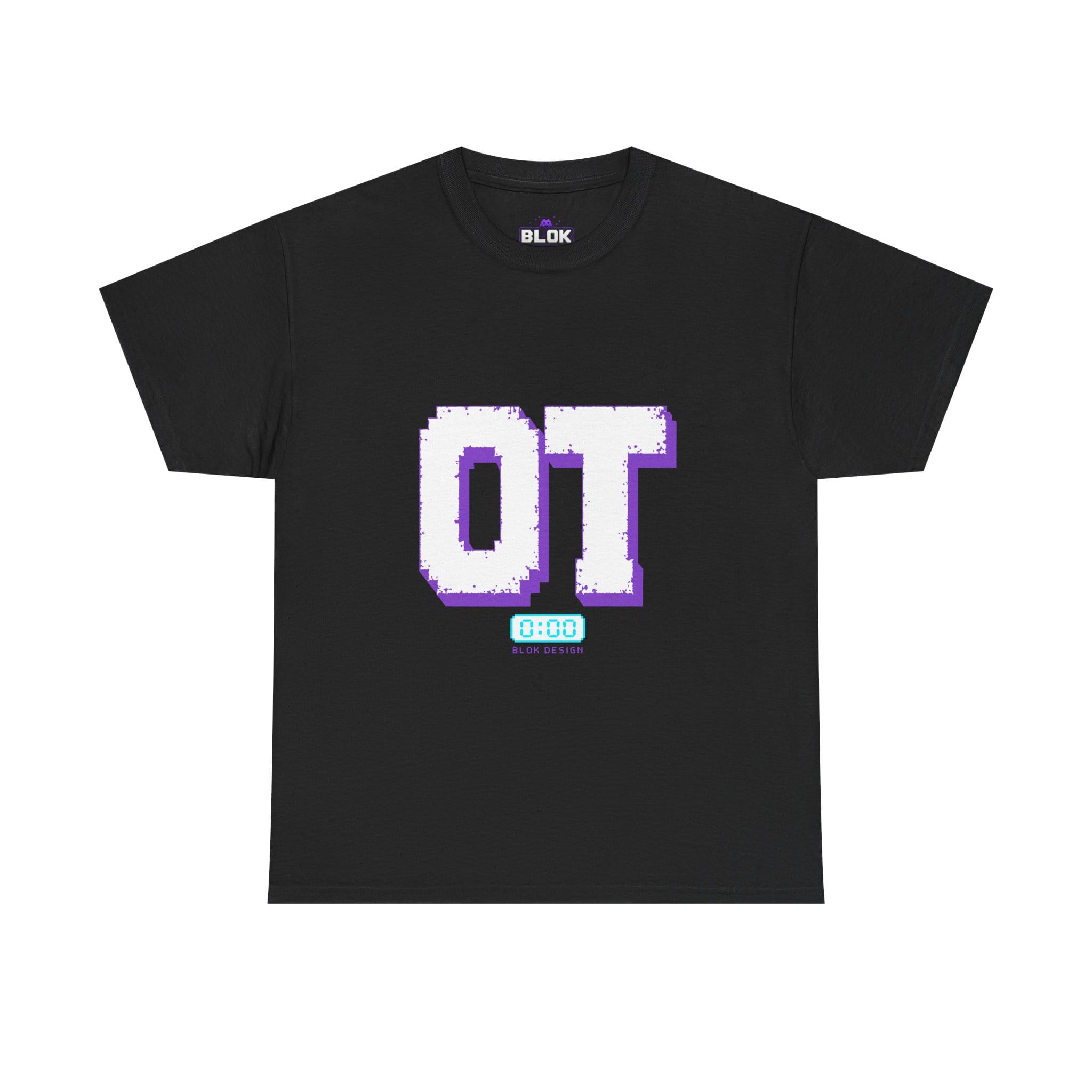 Overtime Believer graphic tee featuring a large distressed white pixel-art OT design with purple shadow on the chest and a tiny cyan LCD clock showing 0:00, printed on a heavyweight unisex cotton tee by blok.Design