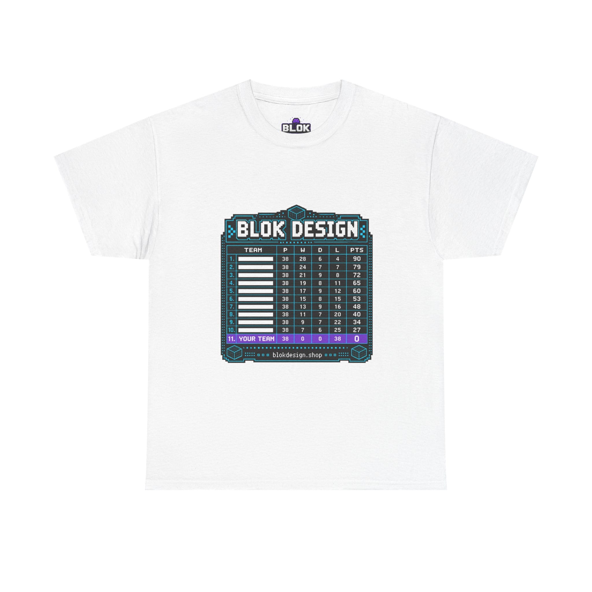 Black heavyweight graphic t-shirt featuring a pixel-art football league table with cyan grid lines, redacted club names under white bars, and a glowing purple bottom row reading YOUR TEAM PTS: 0 — the bottom of the table pixel tee by blok.Design.