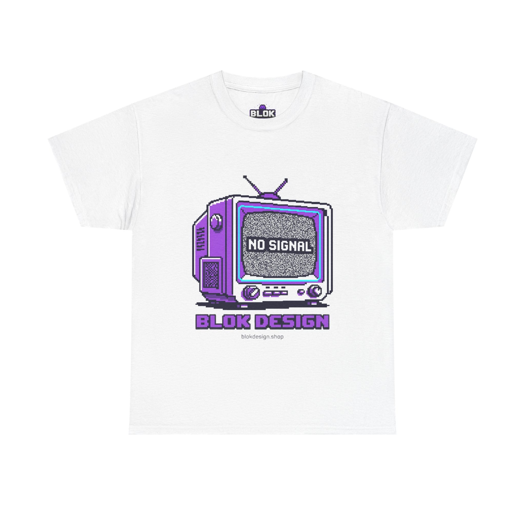 Black unisex graphic t-shirt featuring a no signal CRT pixel art tee design — a chunky voxel-style vintage television with purple and white pixel blocks, oversized knobs, and a static-filled screen displaying NO SIGNAL in cyan pixel glow.
