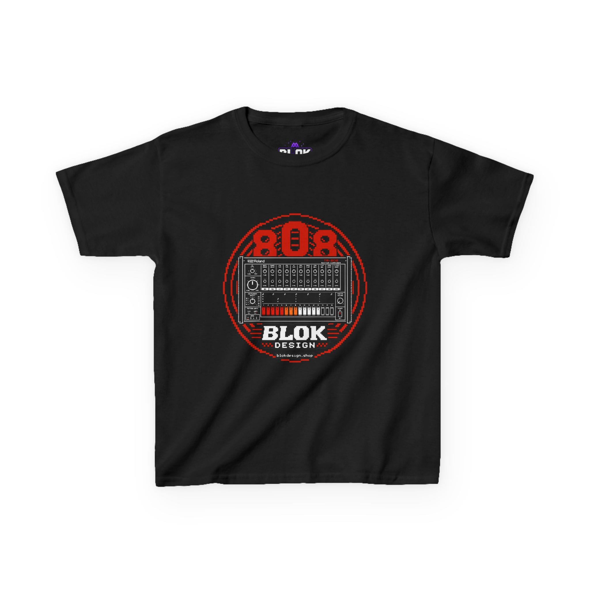 Black kids graphic tee featuring hyper-detailed pixel art of the Roland TR-808 drum machine in crisp white line work, with deep red sound wave rings radiating behind the unit and an oversized pixel '808' dominating the design — the 808 pixel drum machine kids tee by blok.Design.