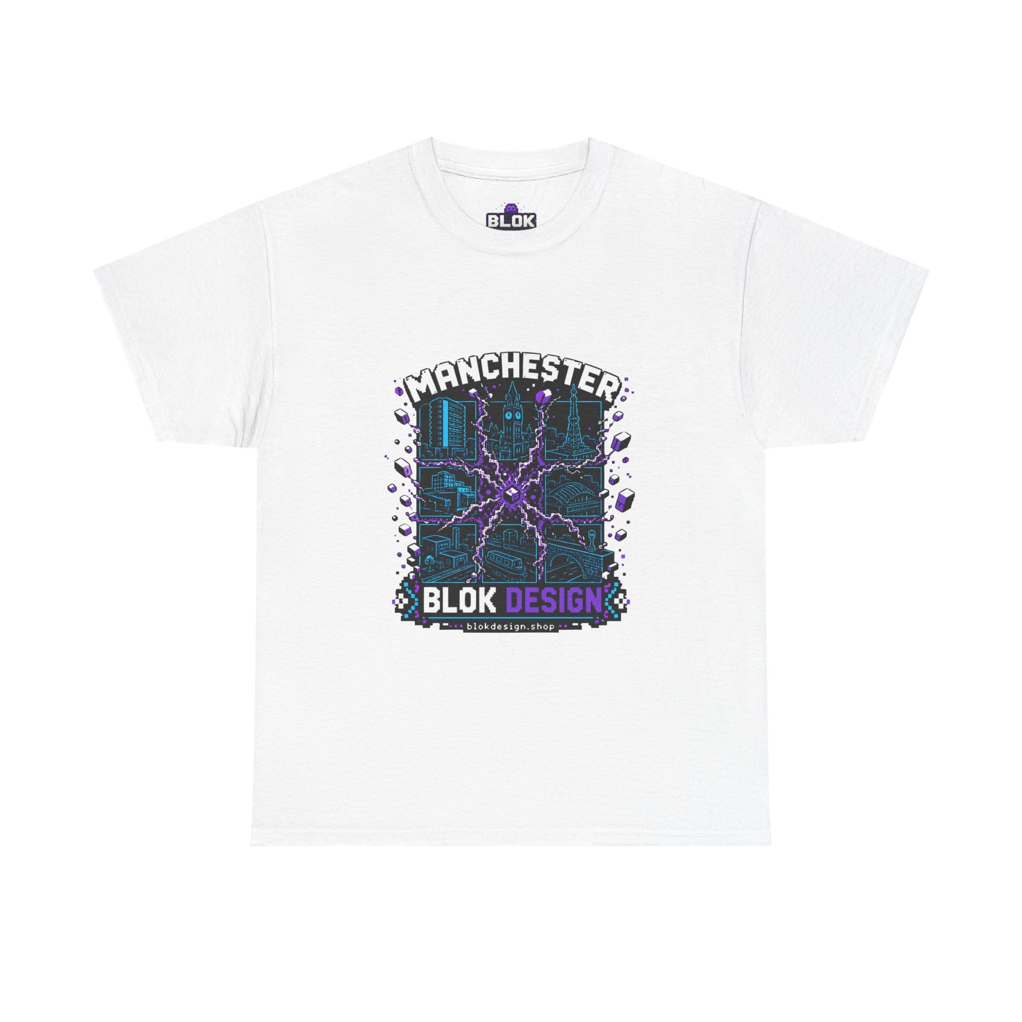 Manchester glitch pixel art tee featuring a 3x3 neon cyan pixel grid of the Manchester skyline — brutalist towers, canal arches and radio masts fragmented on a dead black heavyweight cotton t-shirt by blok.Design
