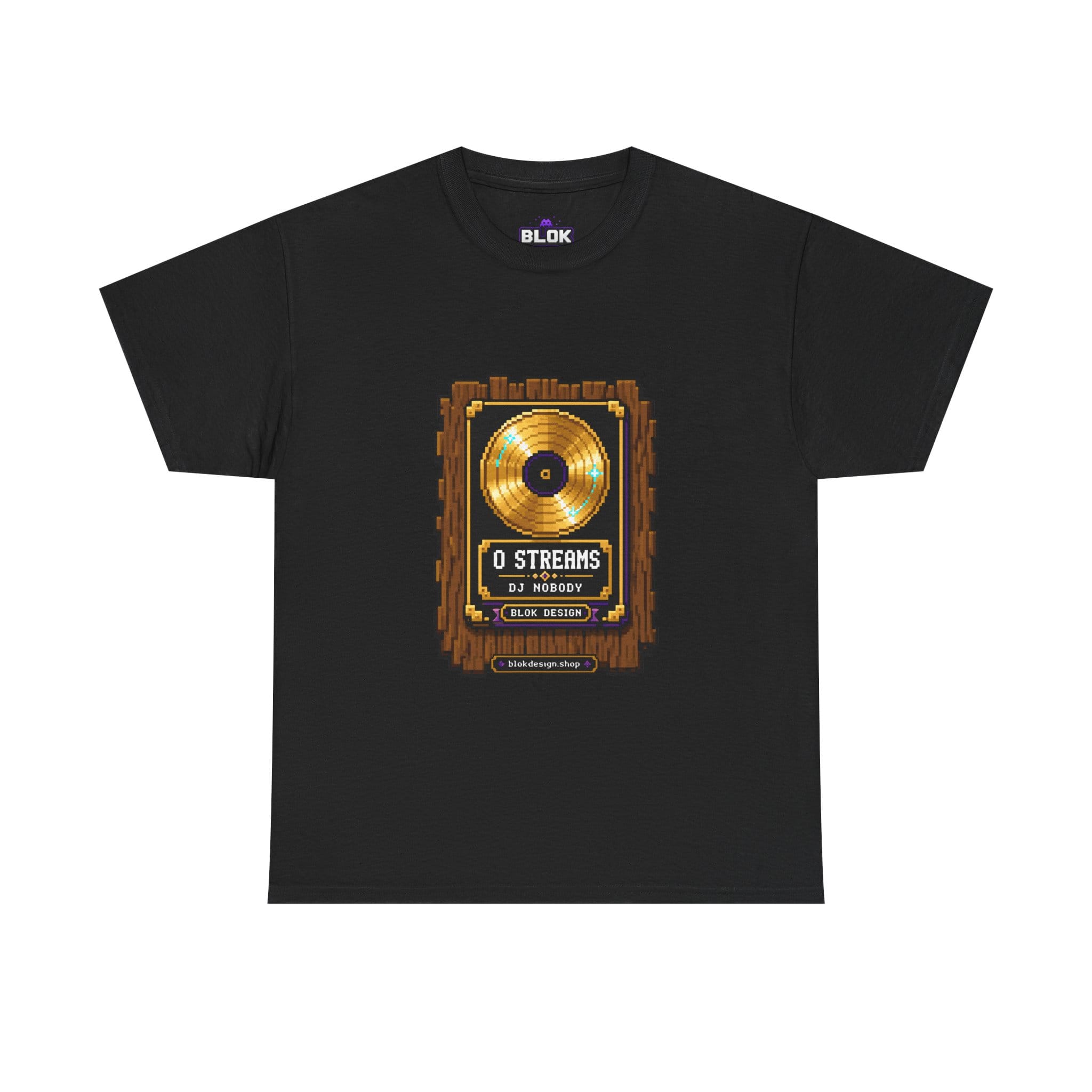 0 Streams Gold Record Pixel Art Tee by blok.Design — heavyweight unisex graphic tee featuring a pixelated 8-bit RIAA-style gold record award plaque engraved with '0 Streams' and credited to DJ Nobody