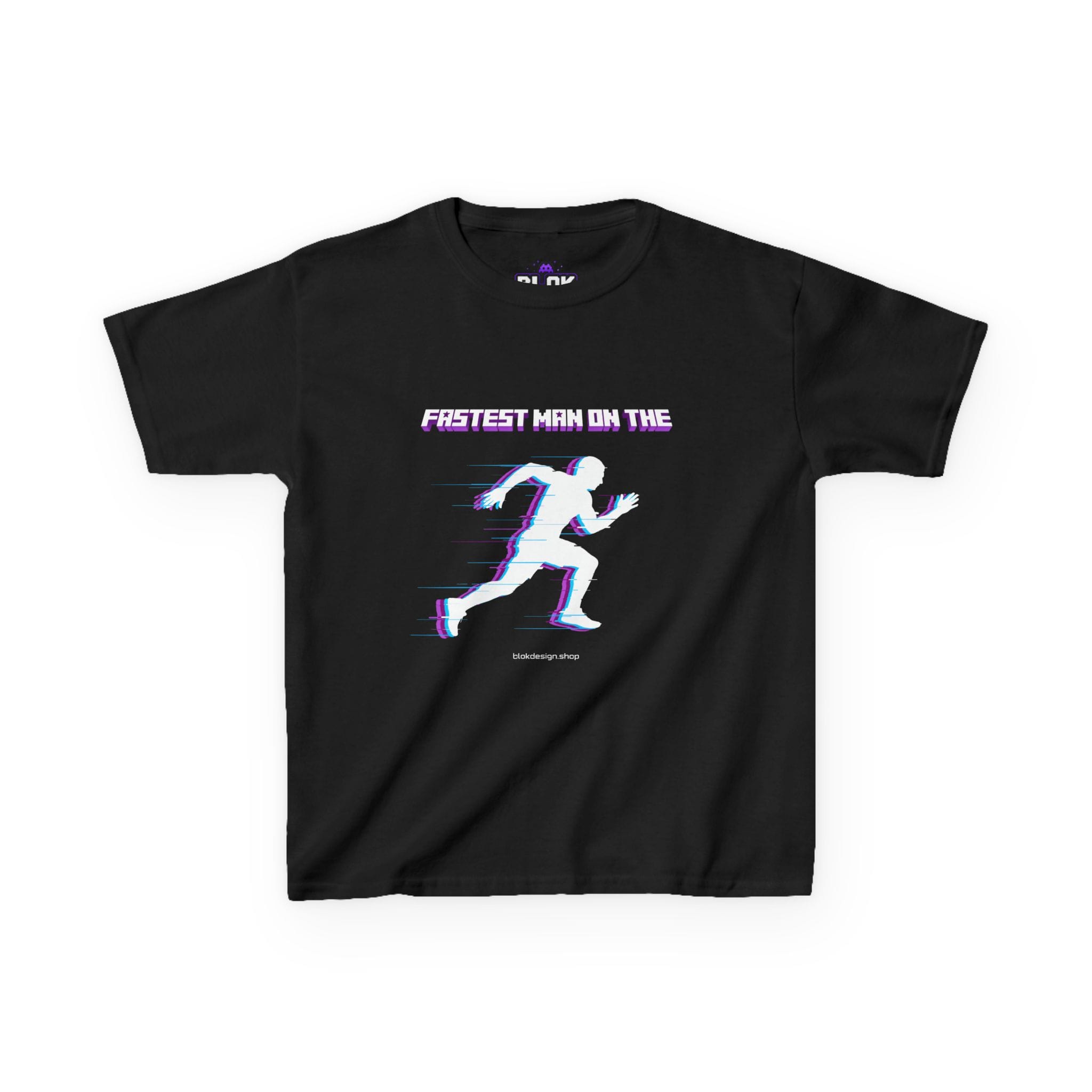 Black heavyweight kids t-shirt featuring a chunky voxel sprinter rendered in pixel geometry with cyan motion streaks, DTG printed by blok.Design — the fastest man on the pixel kids tee