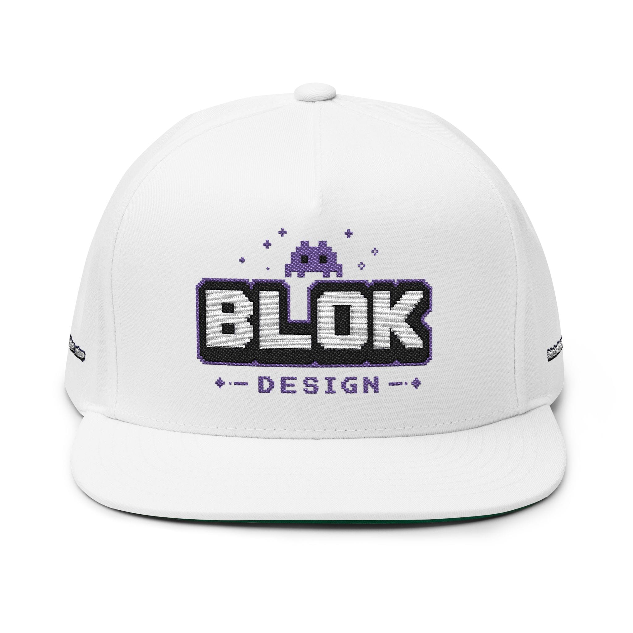 Blok Design embroidered flat bill cap built different — white structured five-panel cotton cap with embroidered logo on front, green undervisor, and snapback closure