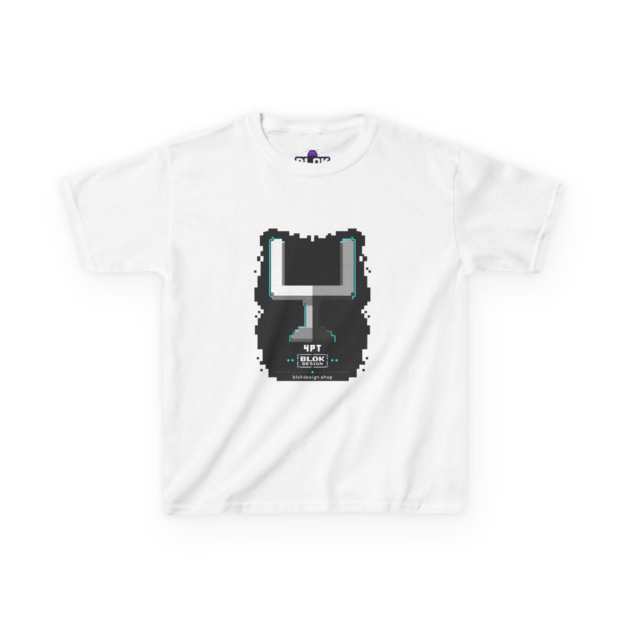 4PT Pixel Goalpost Kids Tee. Kids heavyweight black graphic tee featuring a chunky pixel-art American football goalpost in greyscale segments with cyan outline accents and a small '4PT' label, printed on a dark background in a relaxed unisex fit.