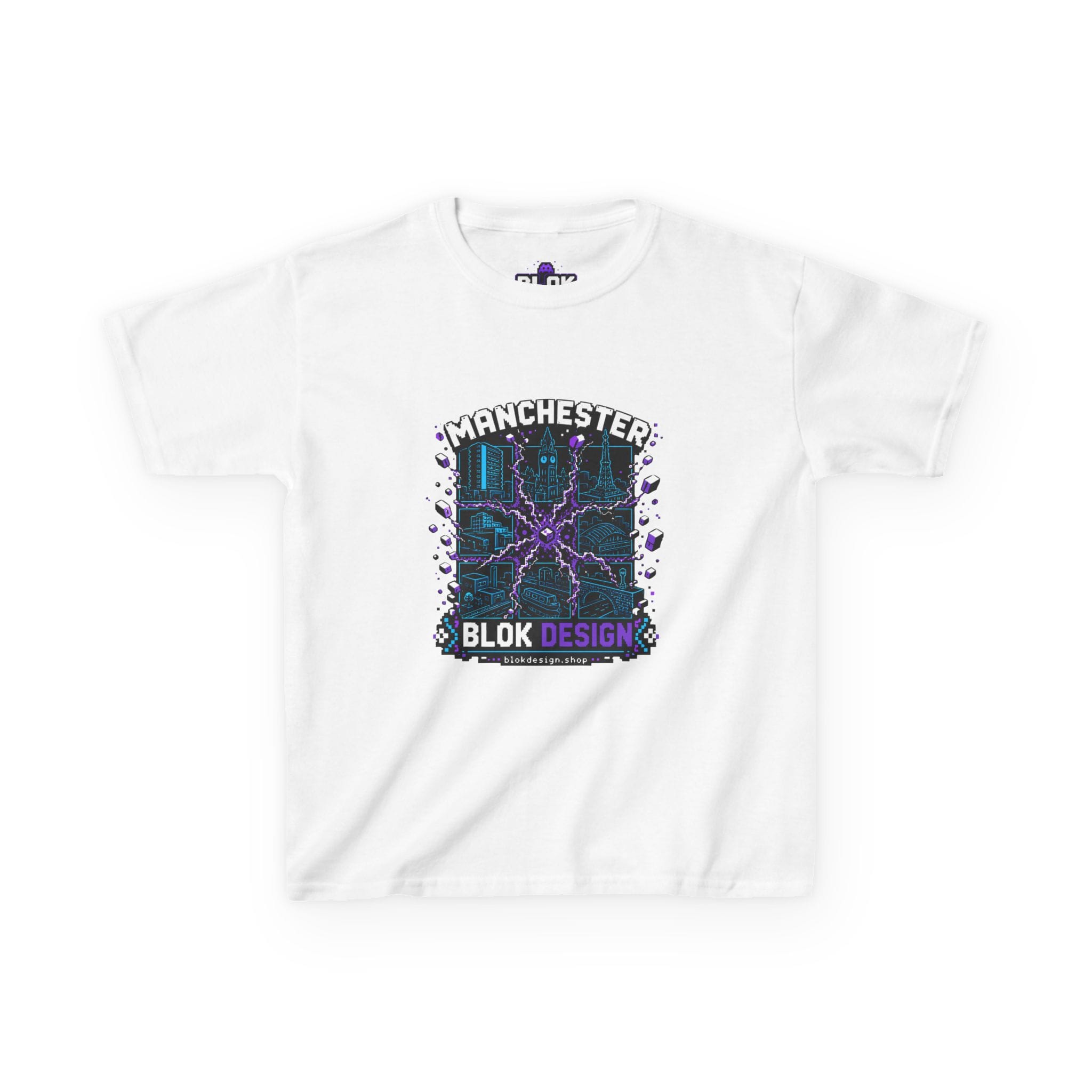 Manchester glitch pixel art kids tee in dead black, featuring a neon cyan 3x3 pixel grid design of the Manchester skyline — brutalist towers, canal arches and radio masts fragmented in glitch-art style, DTG printed by blok.Design