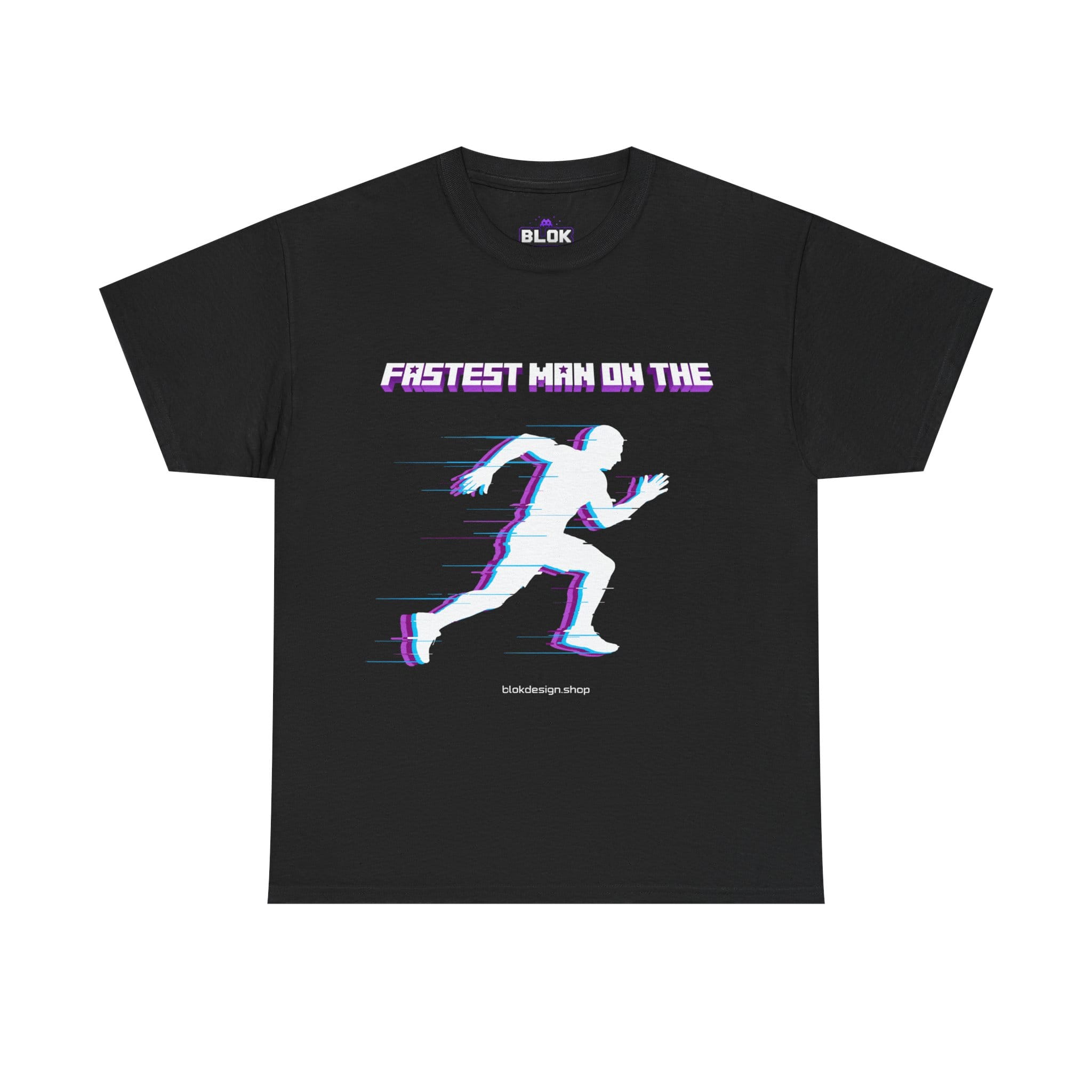 Fastest Man On The Pixel Tee by blok.Design — black heavyweight cotton tee featuring a chunky voxel sprinter in pixel geometry with cyan motion streaks across the chest, DTG printed.