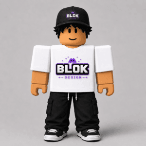 BLOK.DESIGN 4K Logo Tee Roblox Avatar Pack showing the bold blok.Design logo graphic tee on a Roblox avatar character, with crisp 4K texture detail