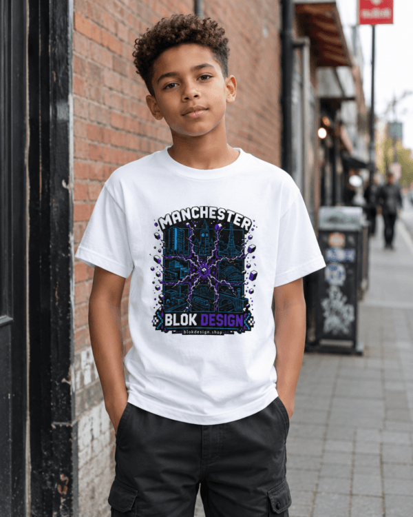 Manchester Glitch Grid Pixel Art Tee — Kids Tee
